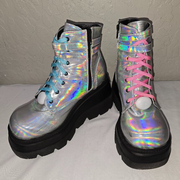 Demonia Shaker 52 Platform Holographic Goth Boots Women's Size 12 - Picture 11 of 11